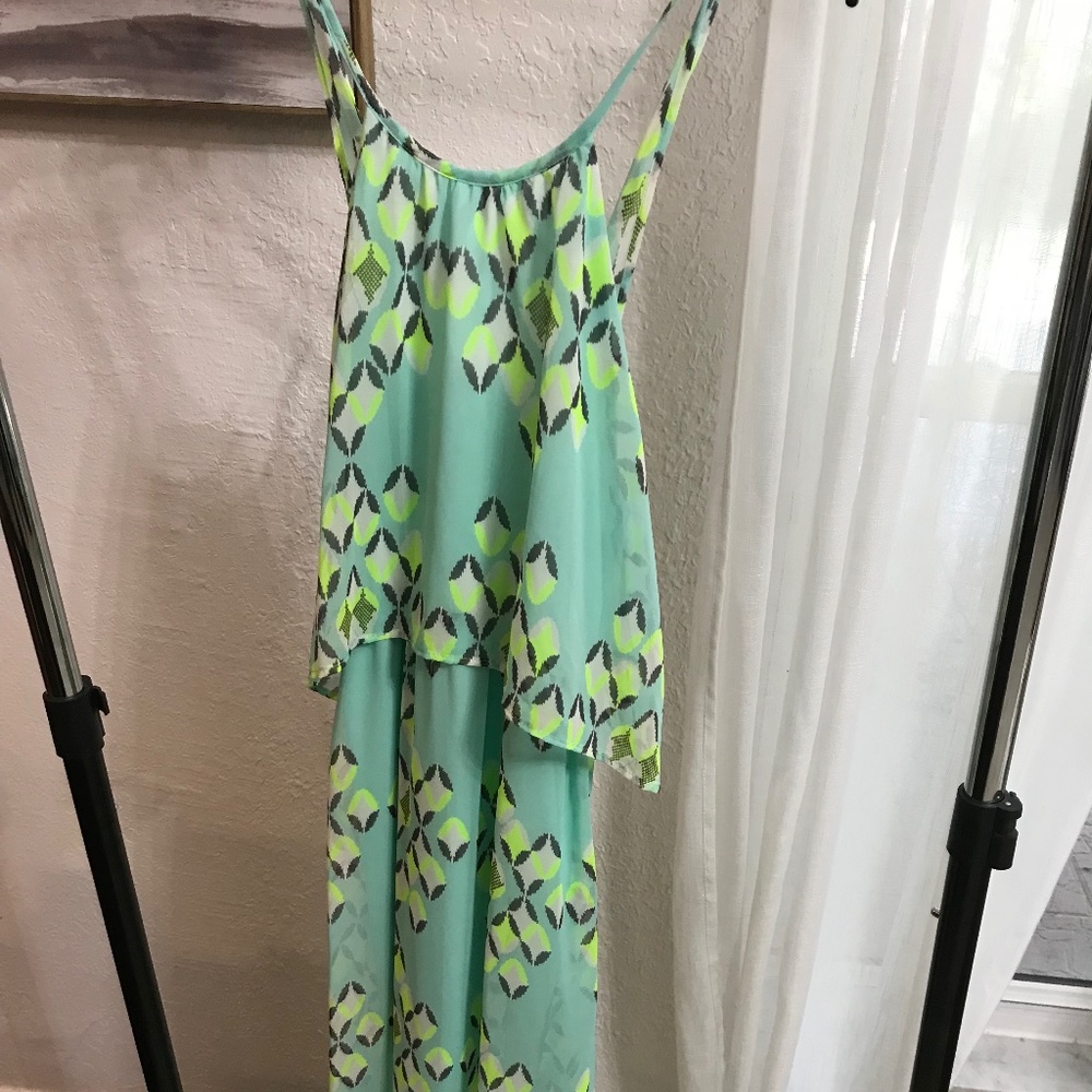 Floor length patterned cyan dress